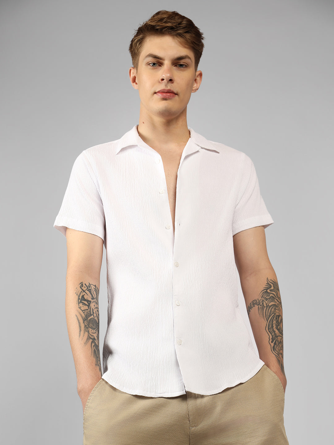 Men's White Solid Textured Cuban Collar Half sleeves relaxed fit Shirt