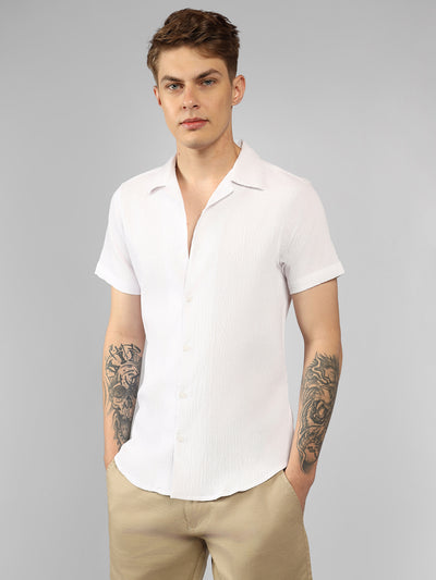 Men's White Solid Textured Cuban Collar Half sleeves relaxed fit Shirt