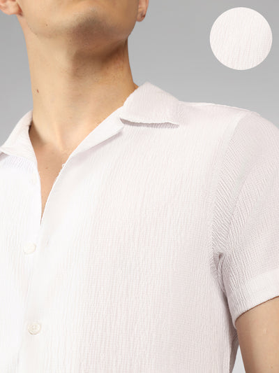 Men's White Solid Textured Cuban Collar Half sleeves relaxed fit Shirt