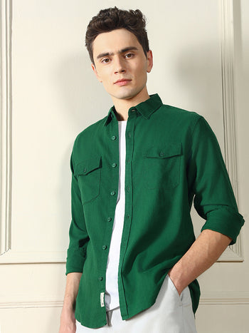 Men's Spread Collar Regular Fit Solid Green Casual Shirt