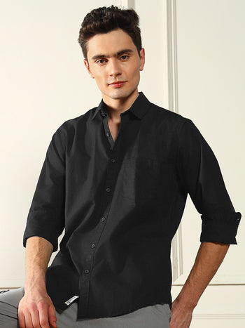 Men's Spread Collar Regular Fit Solid Black Casual Shirt