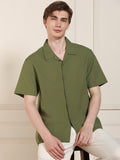 Men's Cuban Collar Regular Fit Solid Green Casual Shirt