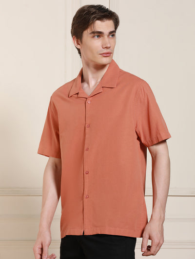 Men's Cuban Collar Regular Fit Solid Orange Casual Shirt