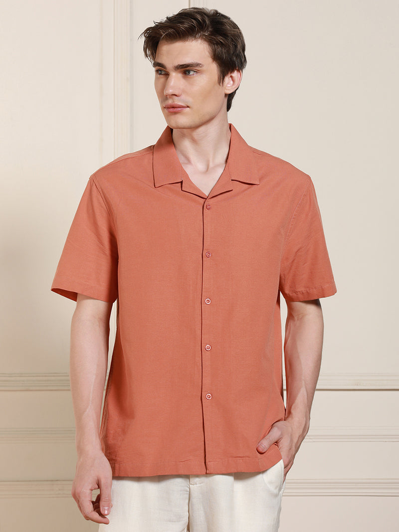 Men's Cuban Collar Regular Fit Solid Orange Casual Shirt