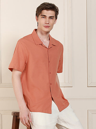 Men's Cuban Collar Regular Fit Solid Orange Casual Shirt