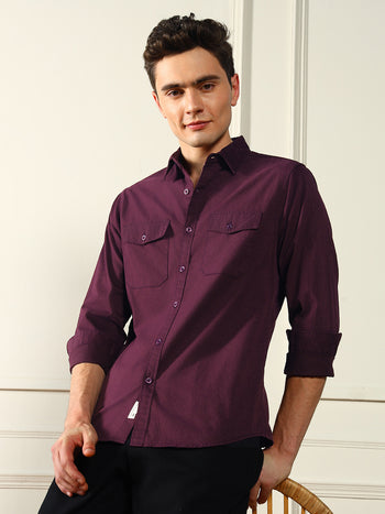 Men's Spread Collar Regular Fit Solid Wine Casual Shirt