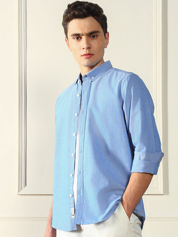 Men's Button Down Collar Regular Fit Solid Blue Casual Shirt