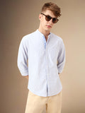 Men's Blue Striped Mandarin Collar Full sleeve Regular Fit Shirt