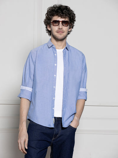 Men's Blue Solid Spread collar Casual Cotton Shirt