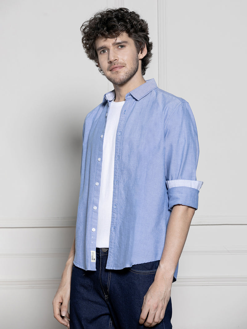 Men's Blue Solid Spread collar Casual Cotton Shirt