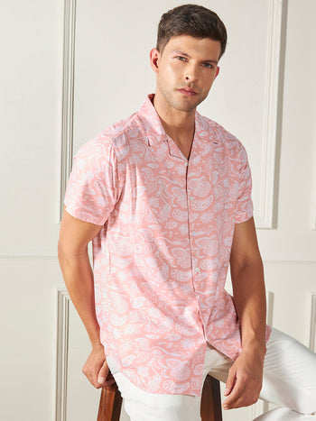 Men's Peach Ethnic prints Viscose Casual Shirt