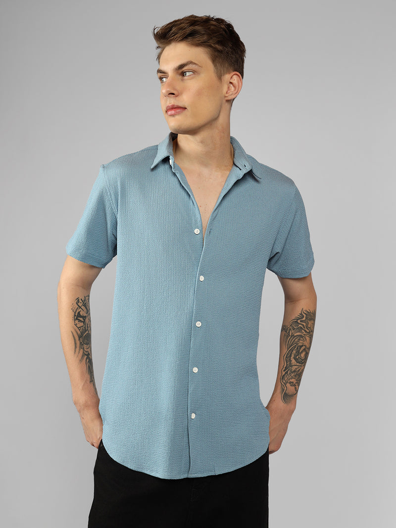 Men's Blue Textured Spread Collar Half sleeve Regular Fit Shirt