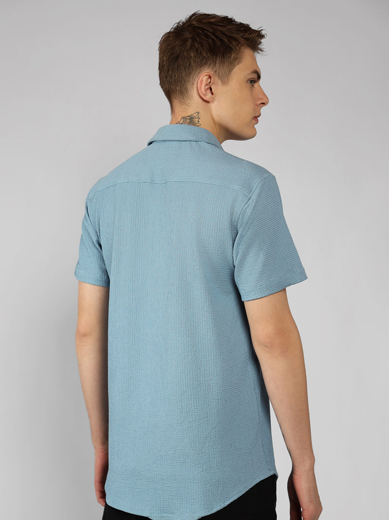 Men's Blue Textured Spread Collar Half sleeve Regular Fit Shirt