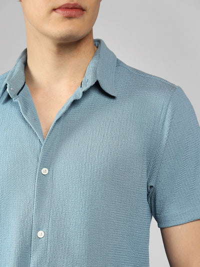 Men's Blue Textured Spread Collar Half sleeve Regular Fit Shirt