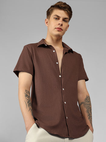 Men's Rust Textured Spread Collar Half sleeve Regular Fit Shirt