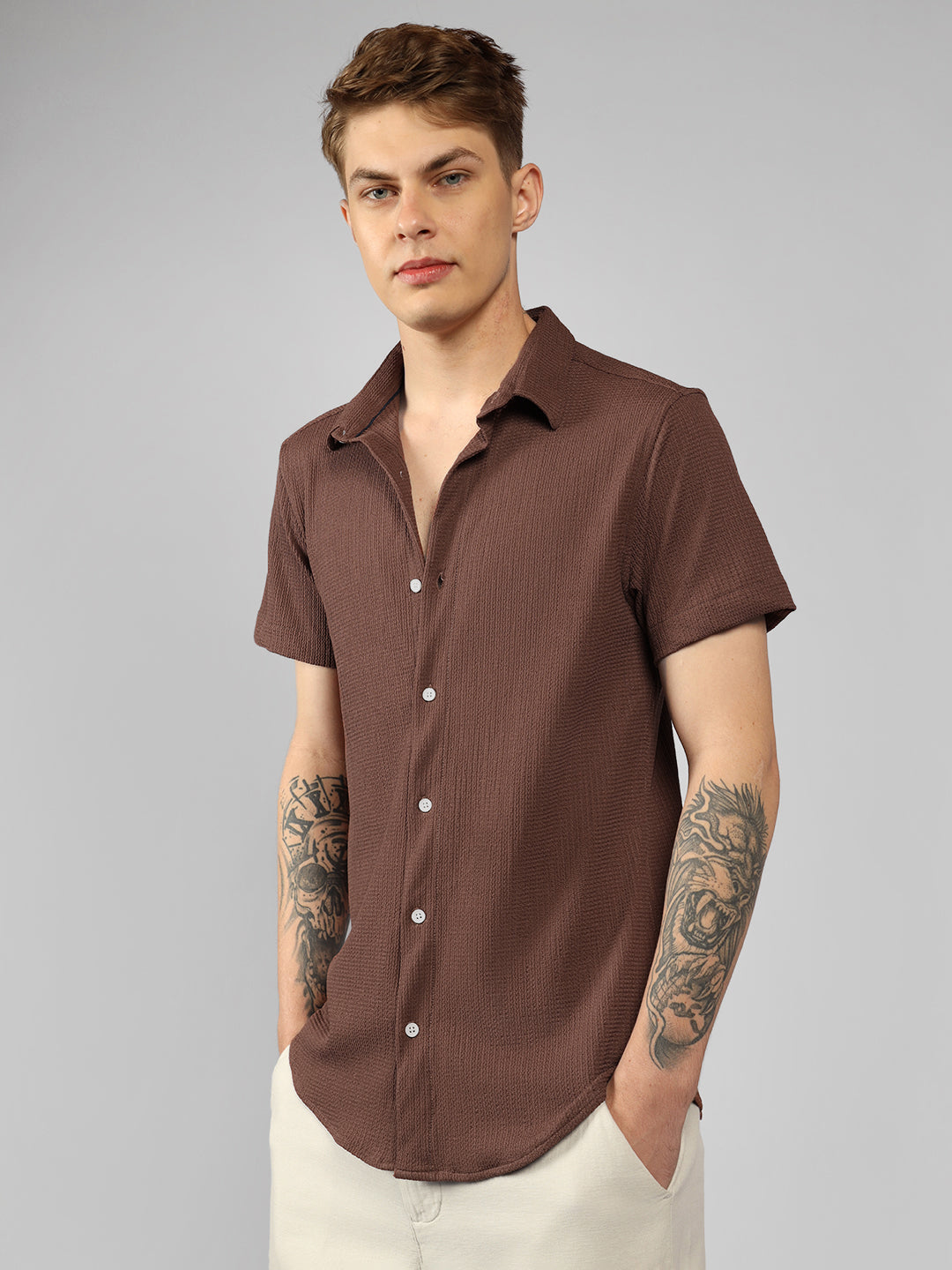 Men's Rust Textured Spread Collar Half sleeve Regular Fit Shirt