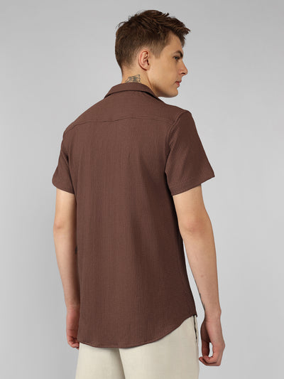 Men's Rust Textured Spread Collar Half sleeve Regular Fit Shirt