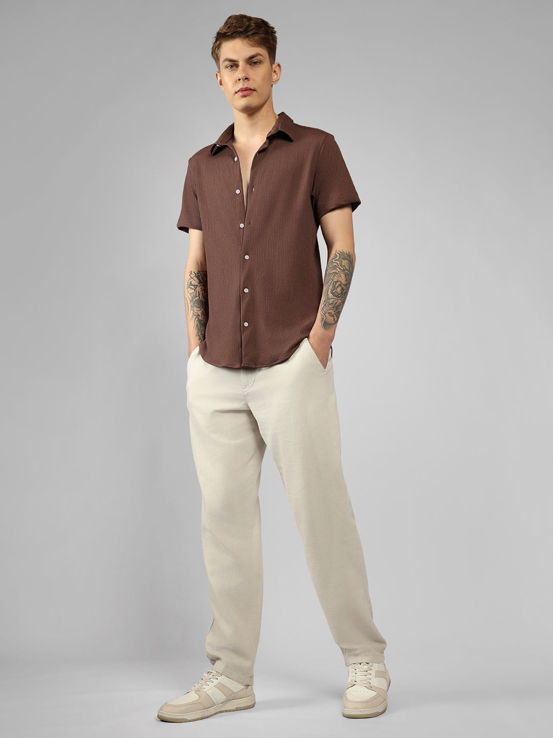 Men's Rust Textured Spread Collar Half sleeve Regular Fit Shirt