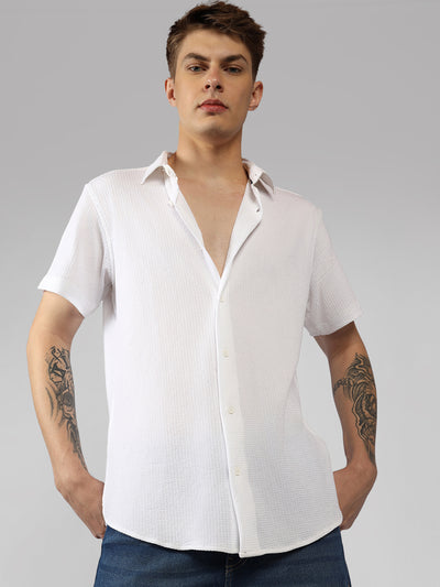 Men's White Solid Spread Collar Half Sleeves Casual Shirt