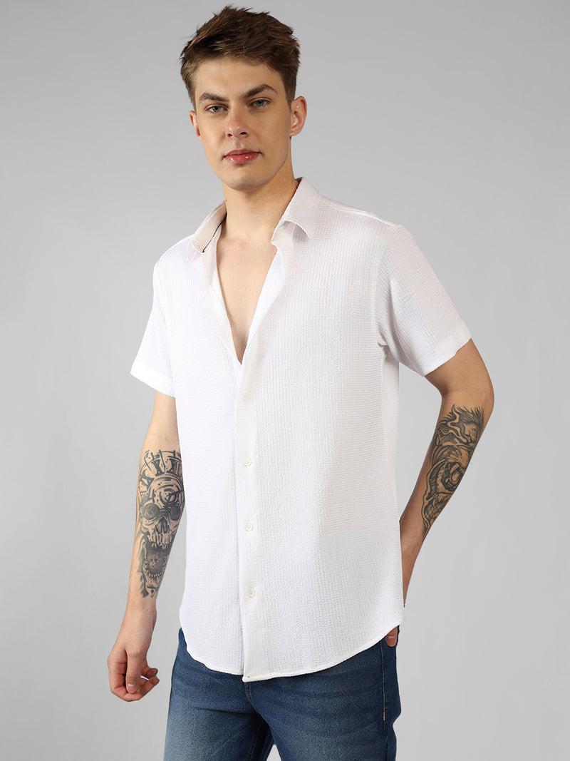 Men's White Solid Spread Collar Half Sleeves Casual Shirt