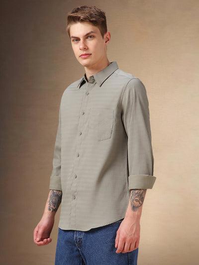 Men's Khaki Solid Textured Spread Collar Full Sleeves Shirt