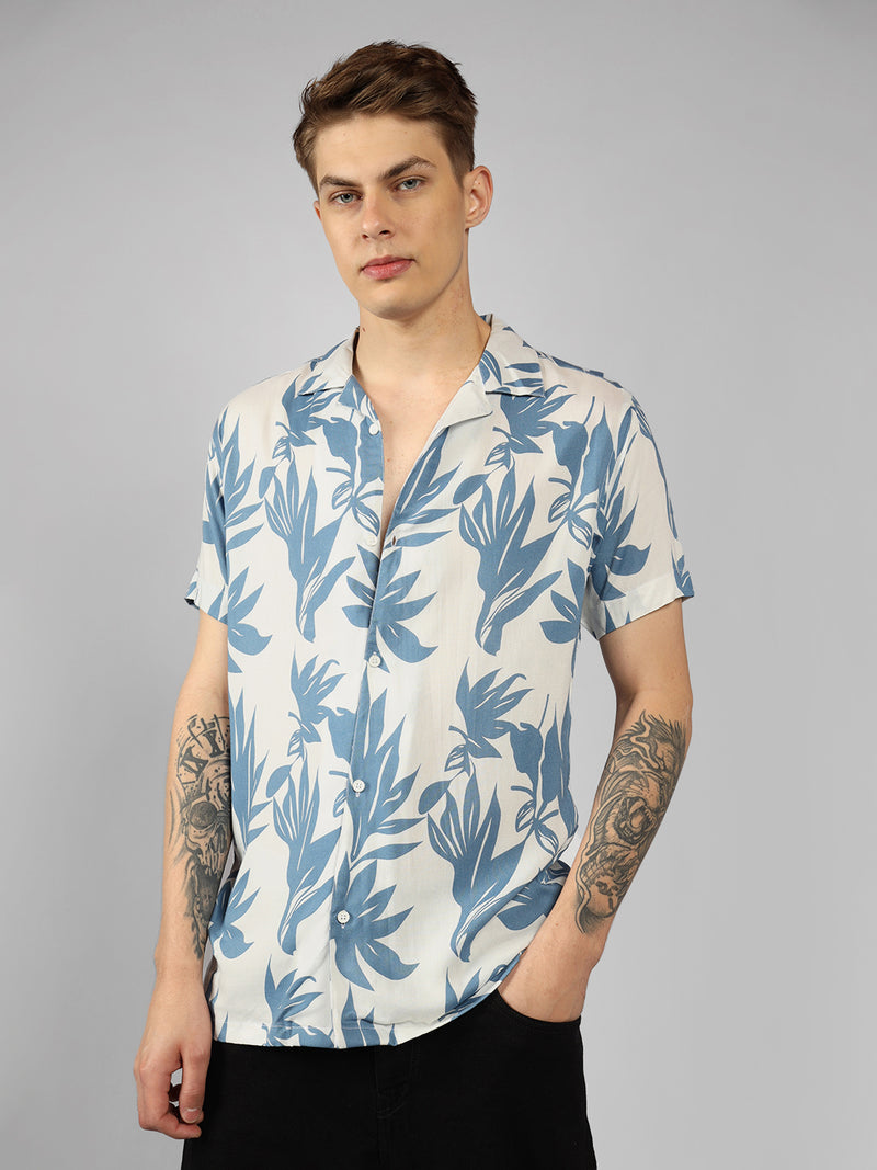 Men's White Printed Cuban Collar Half sleeve Relaxed Fit Shirt