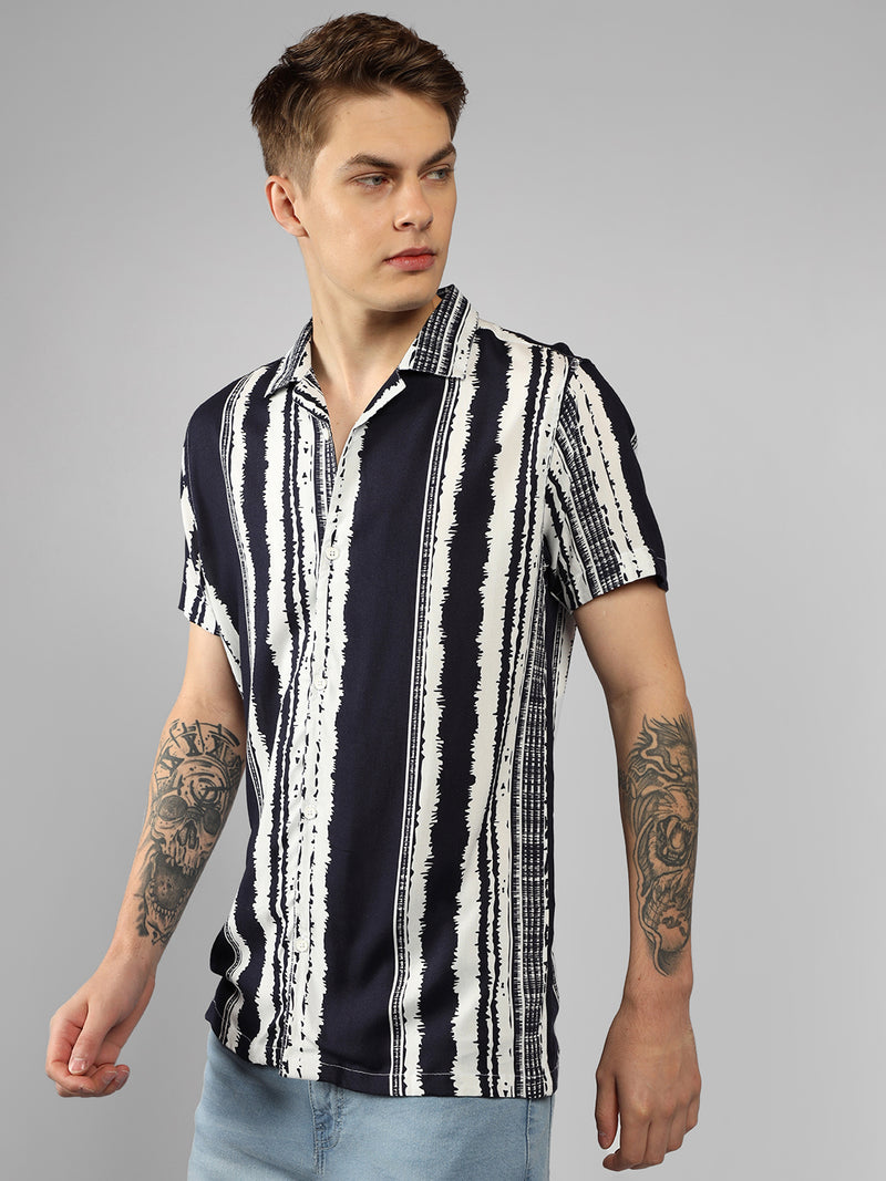 Men's Navy Striped Cuban Collar Half sleeve Relaxed Fit Shirt