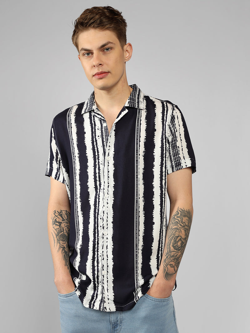 Men's Navy Striped Cuban Collar Half sleeve Relaxed Fit Shirt