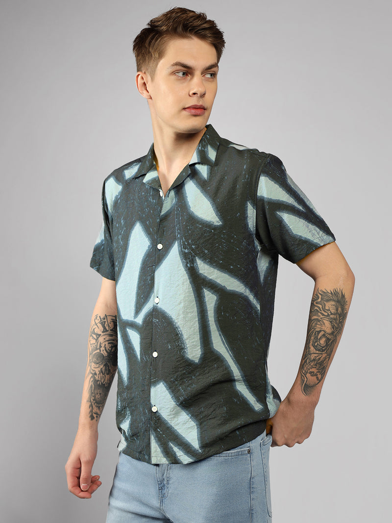 Men's Green Printed Cuban Collar Half sleeve Relaxed Fit Shirt