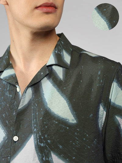 Men's Green Printed Cuban Collar Half sleeve Relaxed Fit Shirt