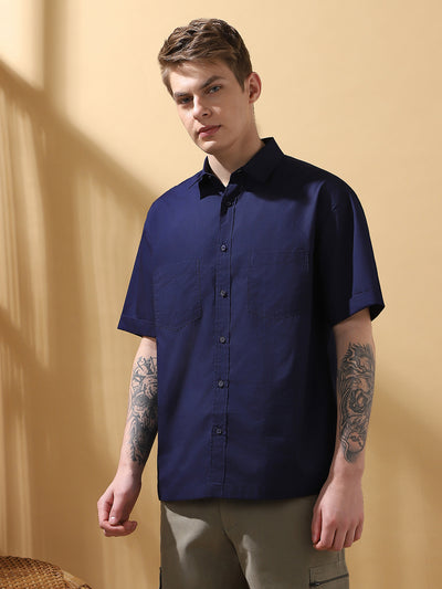 Men's Navy Blue Solid Spread Collar Half Sleeves Casual Shirt