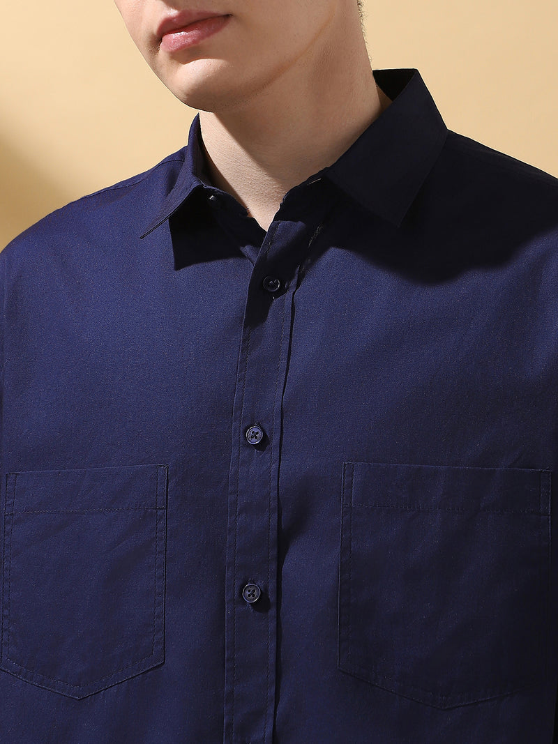 Men's Navy Blue Solid Spread Collar Half Sleeves Casual Shirt