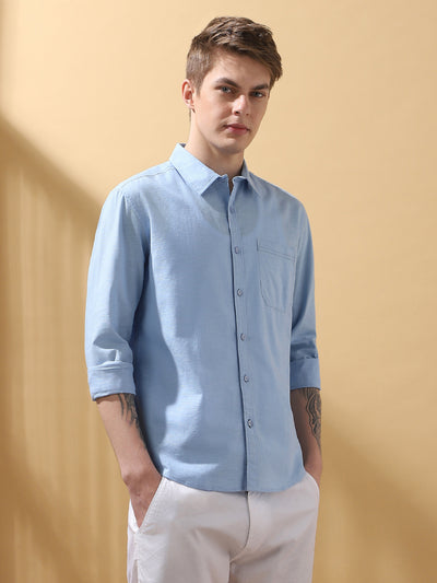 Men's Light Blue Solid Textured Spread Collar Full Sleeves Casual Shirt