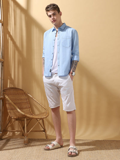 Men's Light Blue Solid Textured Spread Collar Full Sleeves Casual Shirt