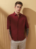 Men's Maroon Solid Textured Spread Collar Full Sleeves Casual Shirt