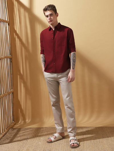 Men's Maroon Solid Textured Spread Collar Full Sleeves Casual Shirt