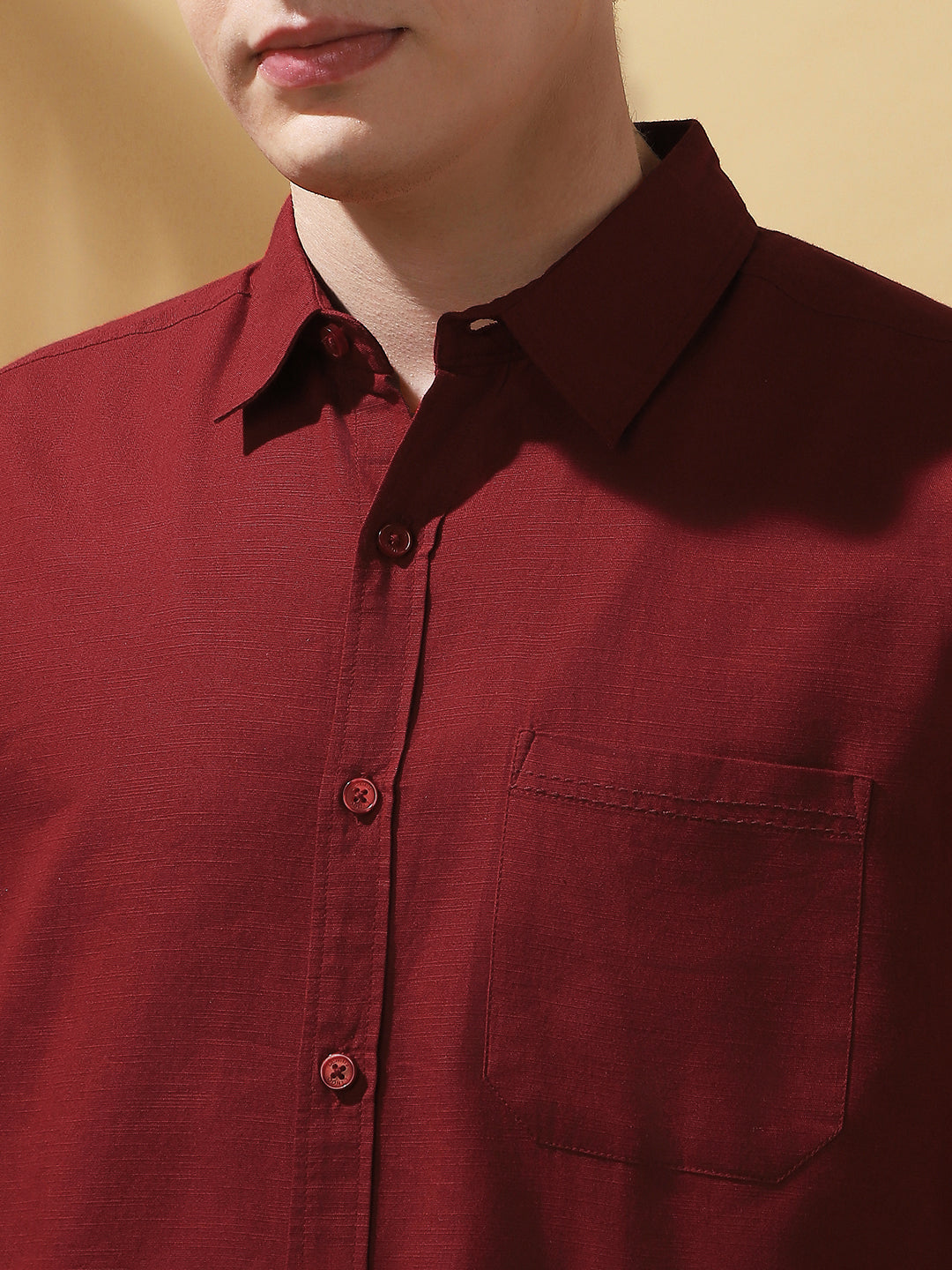 Men's Maroon Solid Textured Spread Collar Full Sleeves Casual Shirt