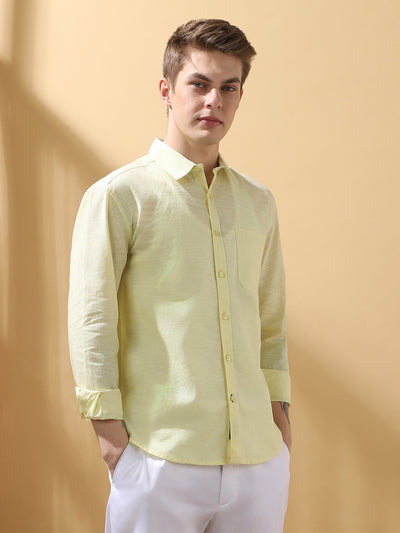 Men's Yellow Solid Textured Spread Collar Full Sleeves Casual Shirt