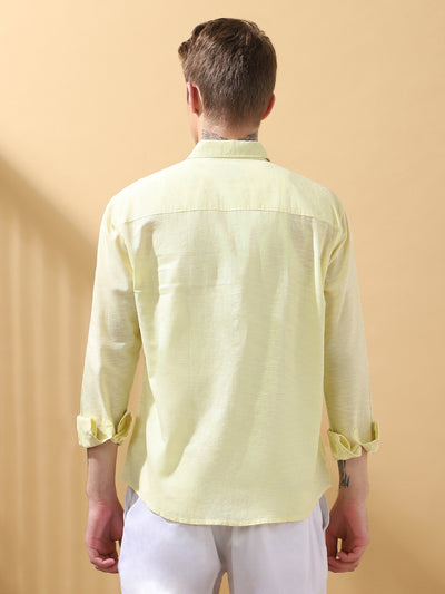 Men's Yellow Solid Textured Spread Collar Full Sleeves Casual Shirt