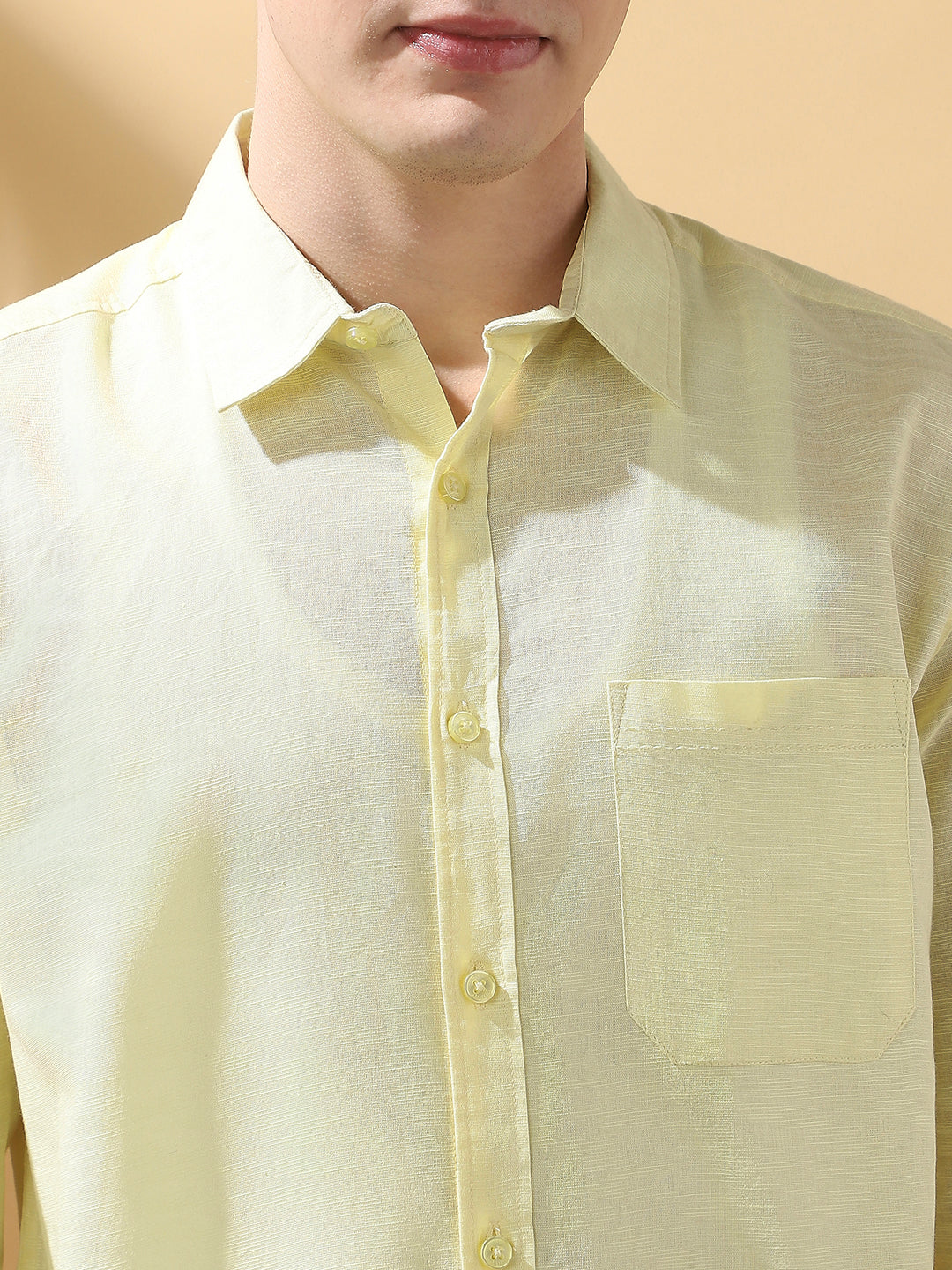 Men's Yellow Solid Textured Spread Collar Full Sleeves Casual Shirt