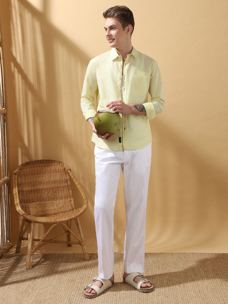 Men's Yellow Solid Textured Spread Collar Full Sleeves Casual Shirt