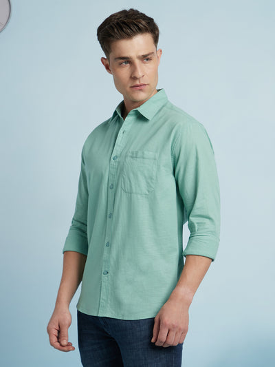 Men Sage Green Textured Spread Collar Full Sleeves Regular Fit shirt