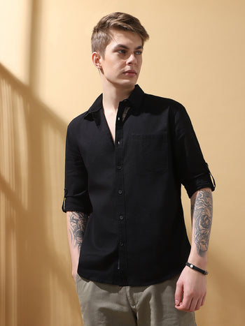 Men's Black Solid Textured Spread Collar Full Sleeves Cotton Shirt