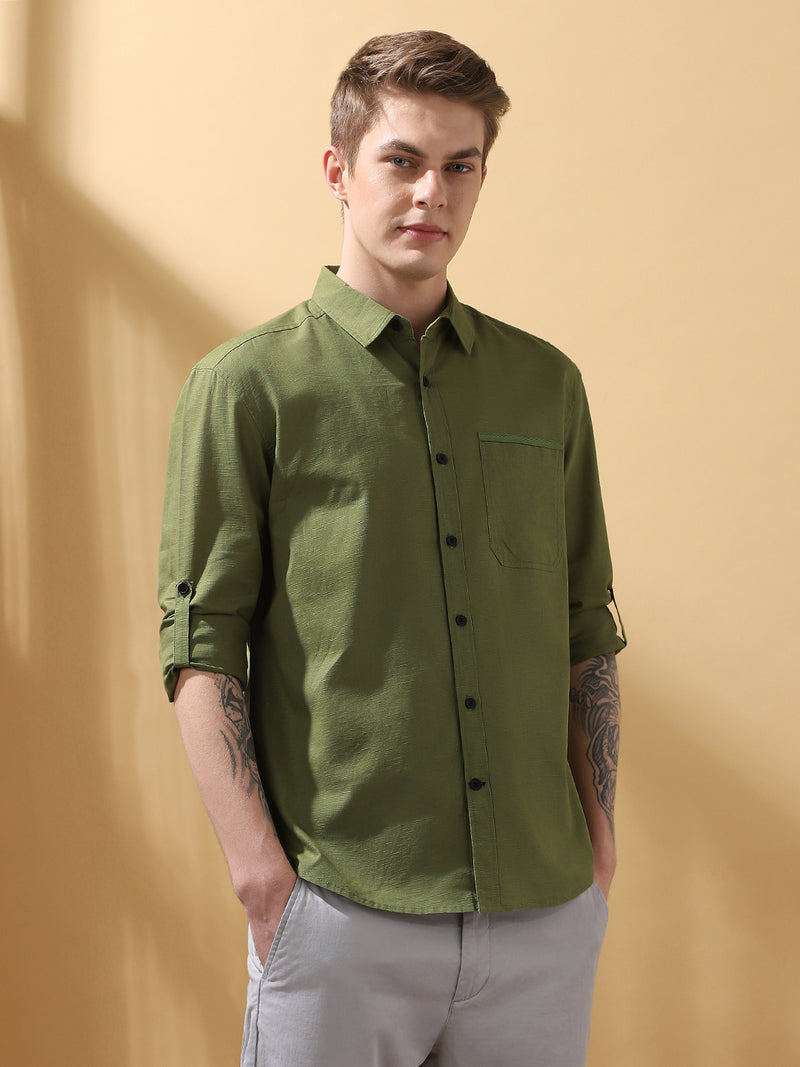 Men's Green Solid Textured Spread Collar Full Sleeves Cotton Shirt