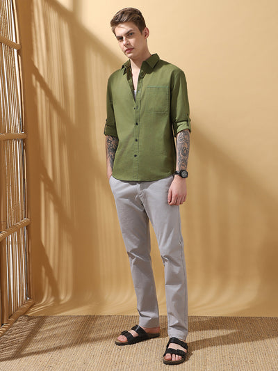 Men's Green Solid Textured Spread Collar Full Sleeves Cotton Shirt