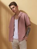 Men's Pink Solid Textured Cuban Collar Half Sleeves Casual Shirt