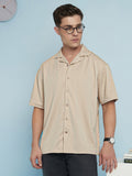 Men Beige Textured Cuban Collar Half Sleeves Relaxed Fit shirt