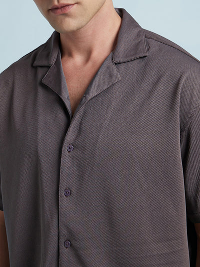 Men Grey Textured Cuban Collar Half Sleeves Relaxed Fit shirt