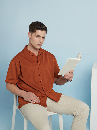 Men Rust Textured Cuban Collar Half Sleeves Relaxed Fit shirt