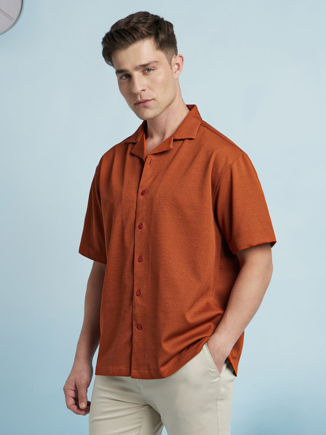 Men Rust Textured Cuban Collar Half Sleeves Relaxed Fit shirt